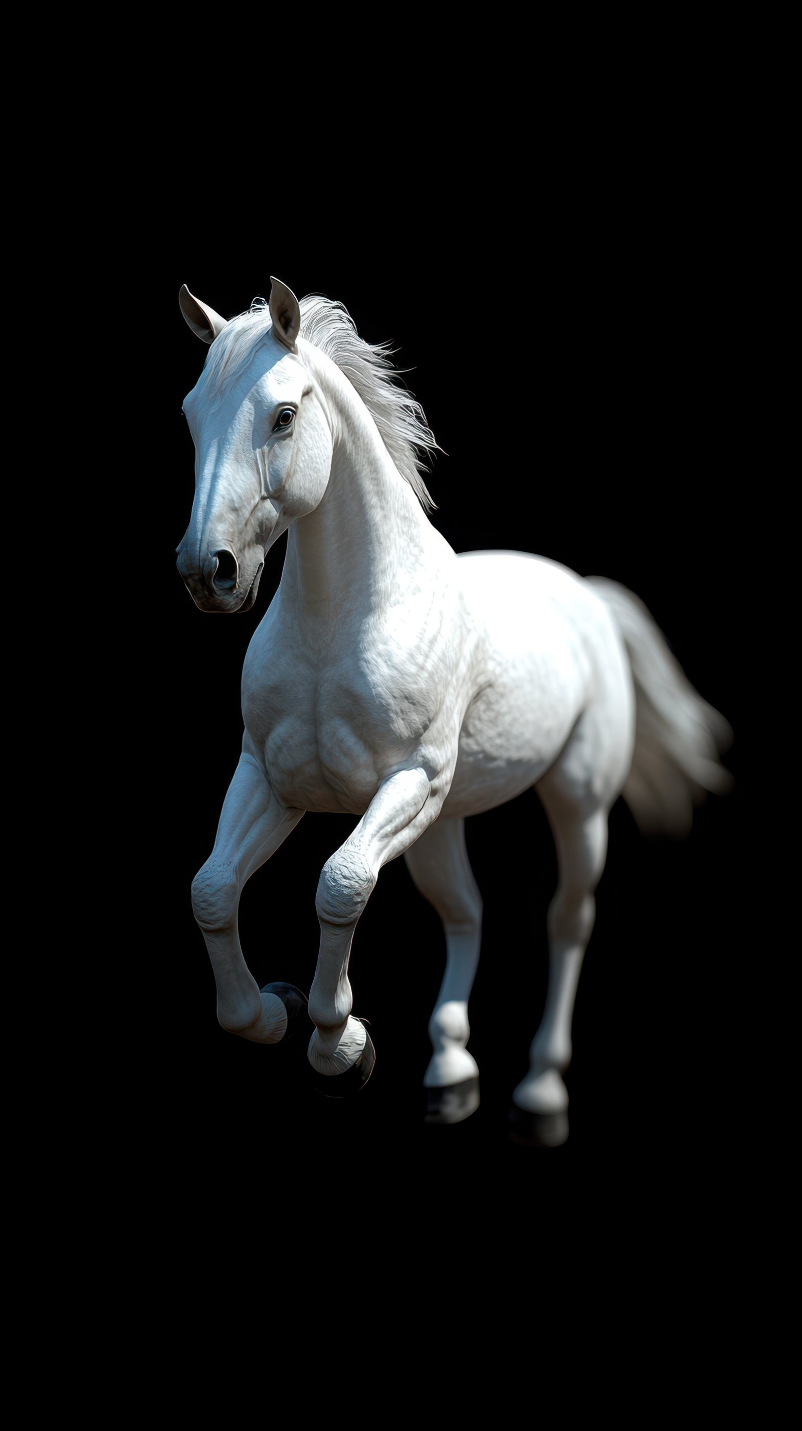 White horse in mid-gallop showcasing strength and grace with flowing mane and elegant form against a dark backdrop